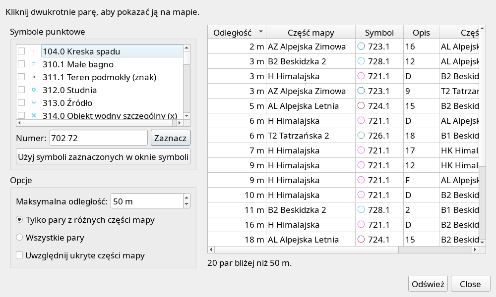 Narzędzia → Sprawdź odległości punktów