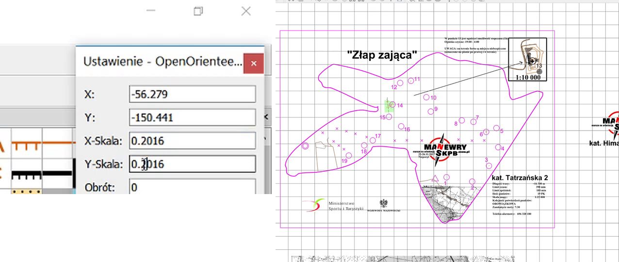 Okno Ustawienie (X-Skala, Y-Skala) i mapa z dwoma logo