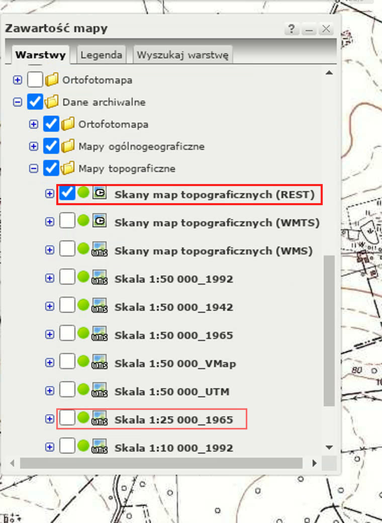 Dane archiwalne → Mapy topograficzne → Skany map topograficznych (REST); niżej warstwa Skala 1:25 000_1965