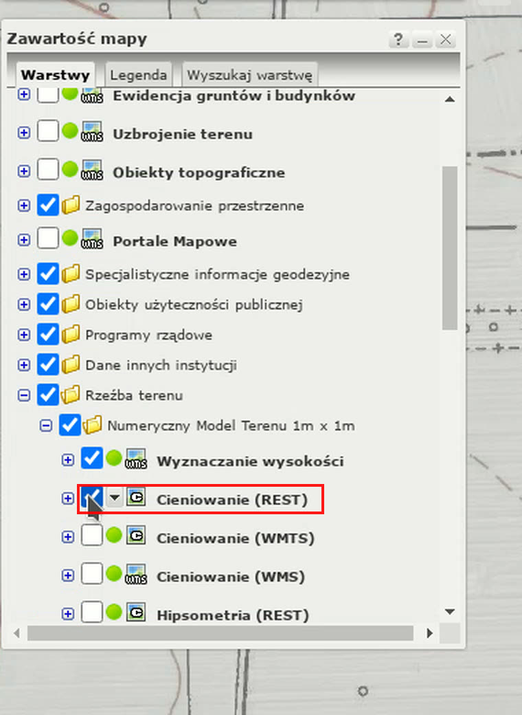 Rzeźba terenu → Numeryczny Model Terenu 1m x 1m → Cieniowanie (REST)
