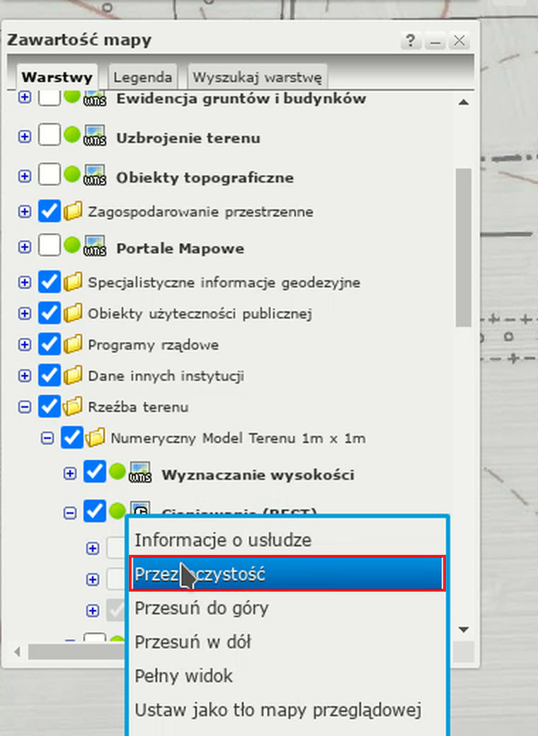 Menu warstwy: Przezroczystość