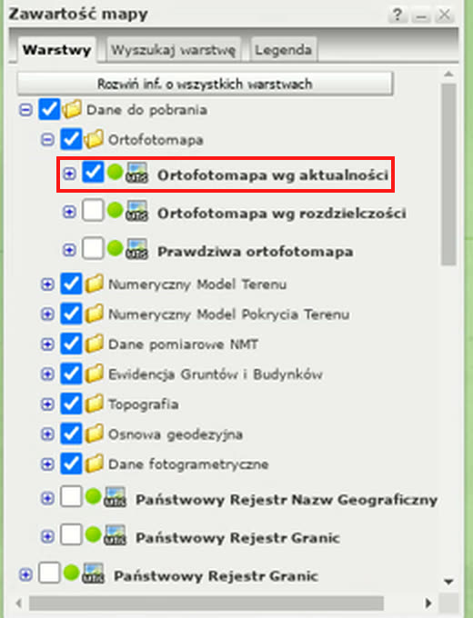 Dane do pobrania → Ortofotomapa → Ortofotomapa wg aktualności