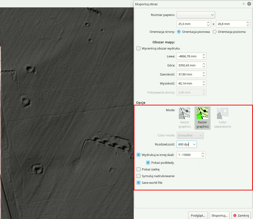 Okno „Eksportuj obraz”: grafika rastrowa, 600 dpi, pokaż podkłady, plik georeferencji