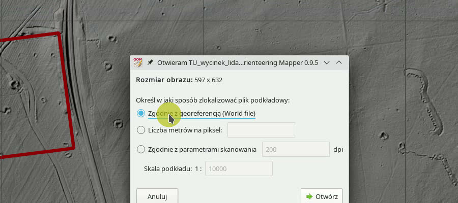 Otwieranie podkładu: „Zgodnie z georeferencją (World file)”