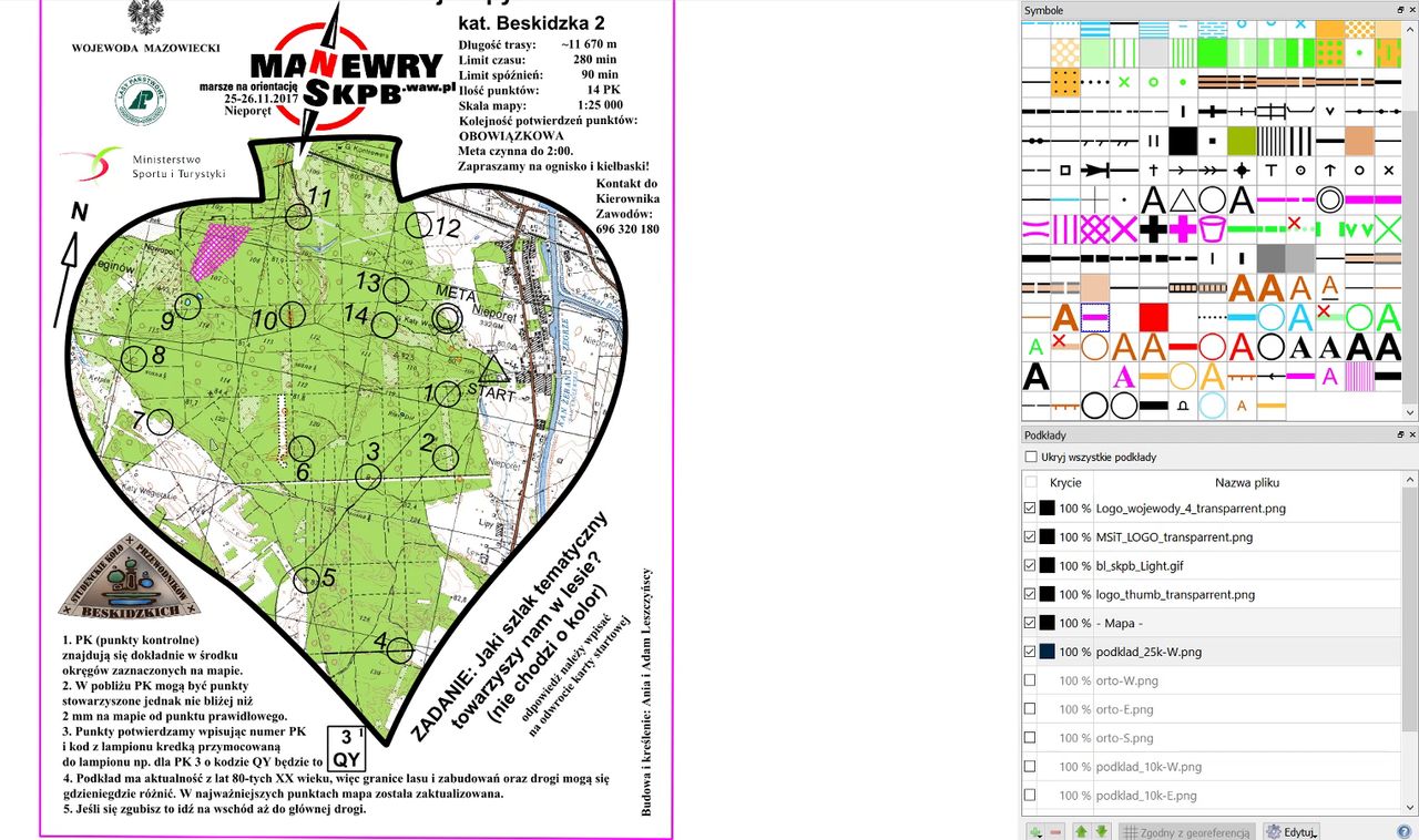 Mapa B2 na kolorowym podkładzie, okno Podkłady