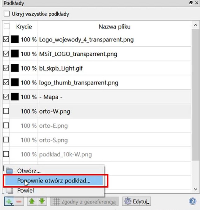 Przycisk + → Ponownie otwórz podkład...