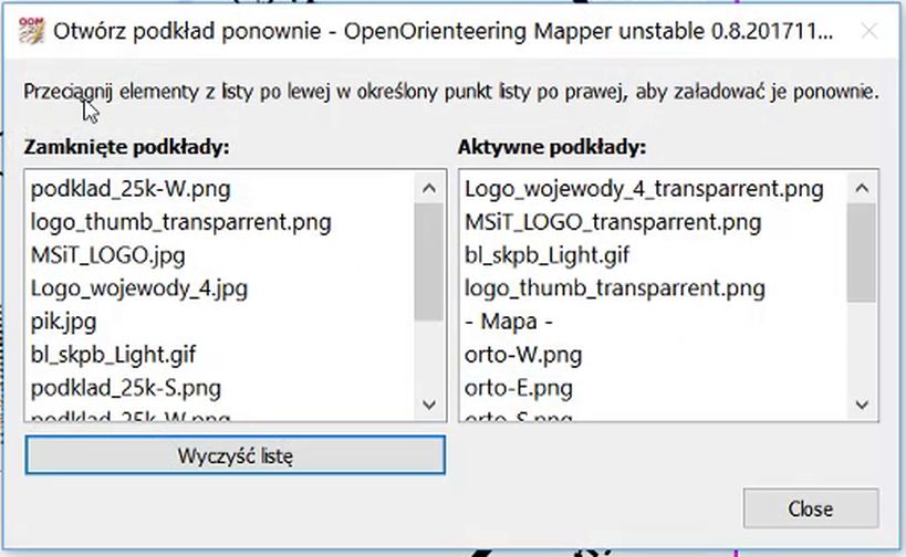 Okno Otwórz podkład ponownie: Zamknięte podkłady i Aktywne podkłady