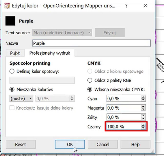 Edytuj kolor: Magenta 0 %, Czarny 100 %